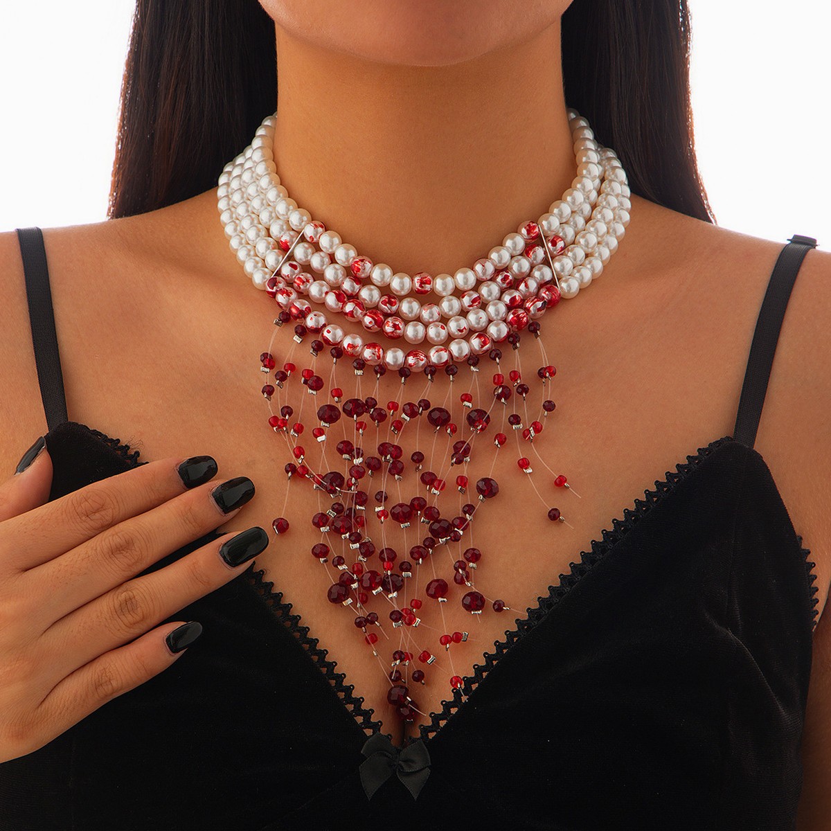 Pearl Choker Necklace Vintage - Gothic Dripping Blood Faux Pearl Crystal