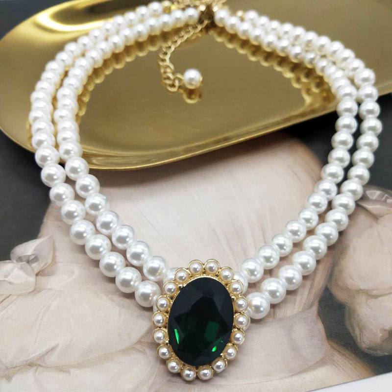Pearl Choker Necklace Vintage - Classic Green Rhinestone Pearl Necklace Earrings