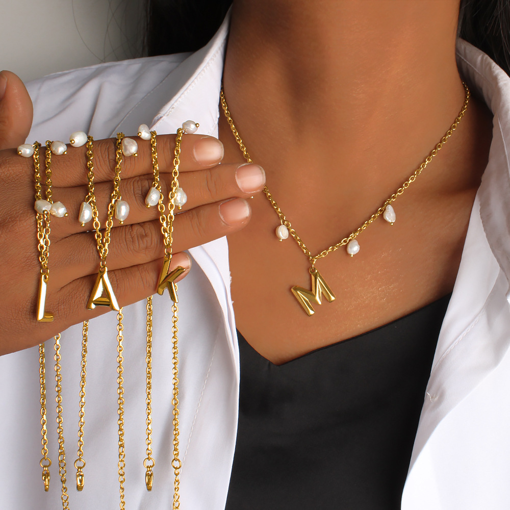 Initial Letter Pearl Pendant N - Initial Letter Necklace 18K Gold ulasan dan harga