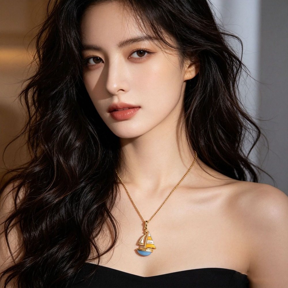 Elegant Enamel Glaze Blue Sail - Initial Letter Necklace 18K Gold ulasan dan harga